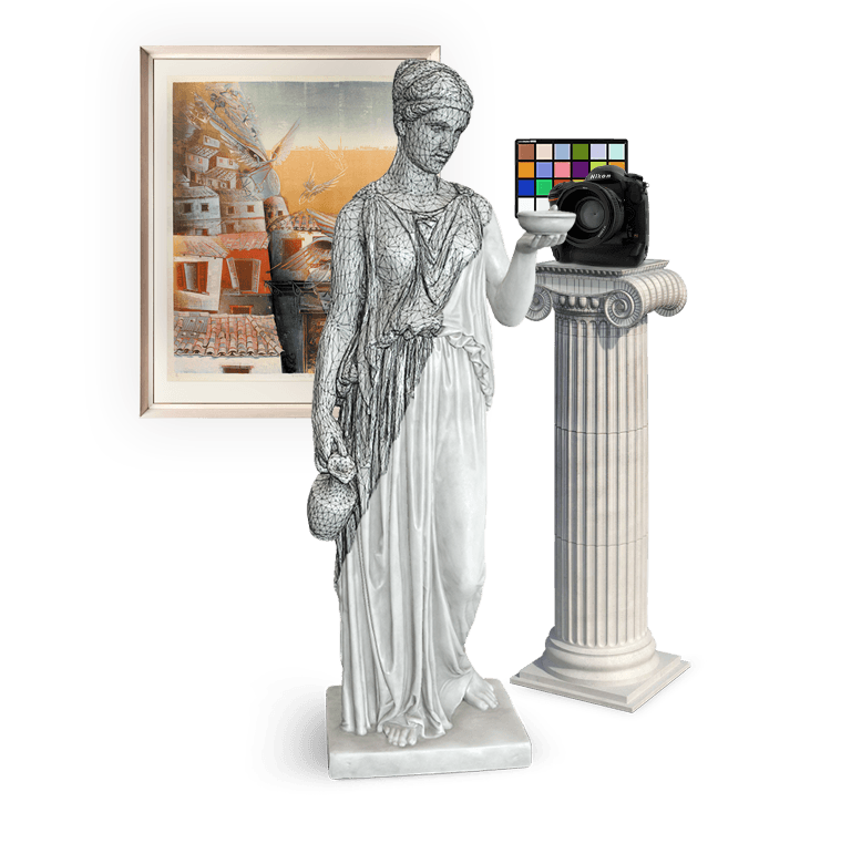 An image of a woman statue, an ancient greek column, a camera and a painting