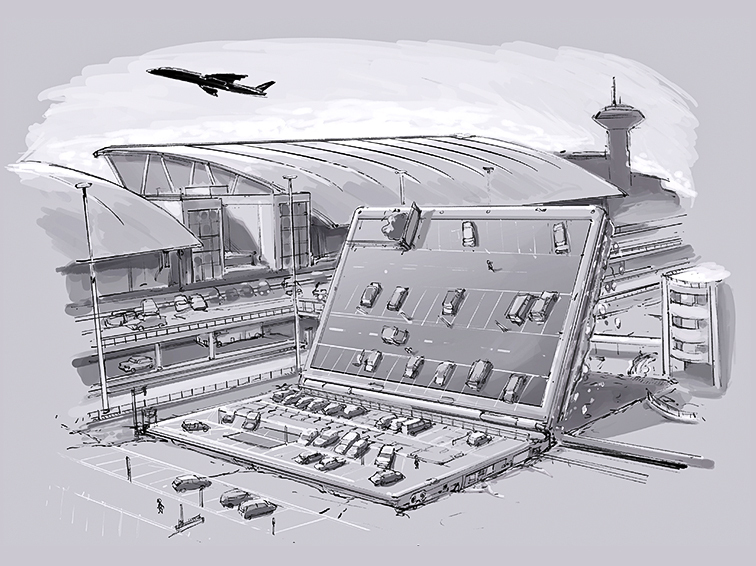 A detailed pencil sketch of an airport parking