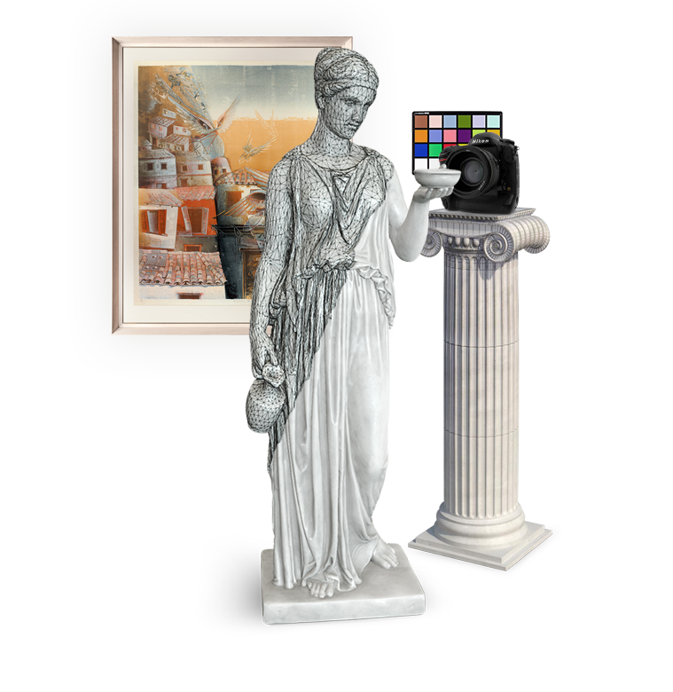 An image of a woman statue,
            an ancient greek column, a camera and a painting